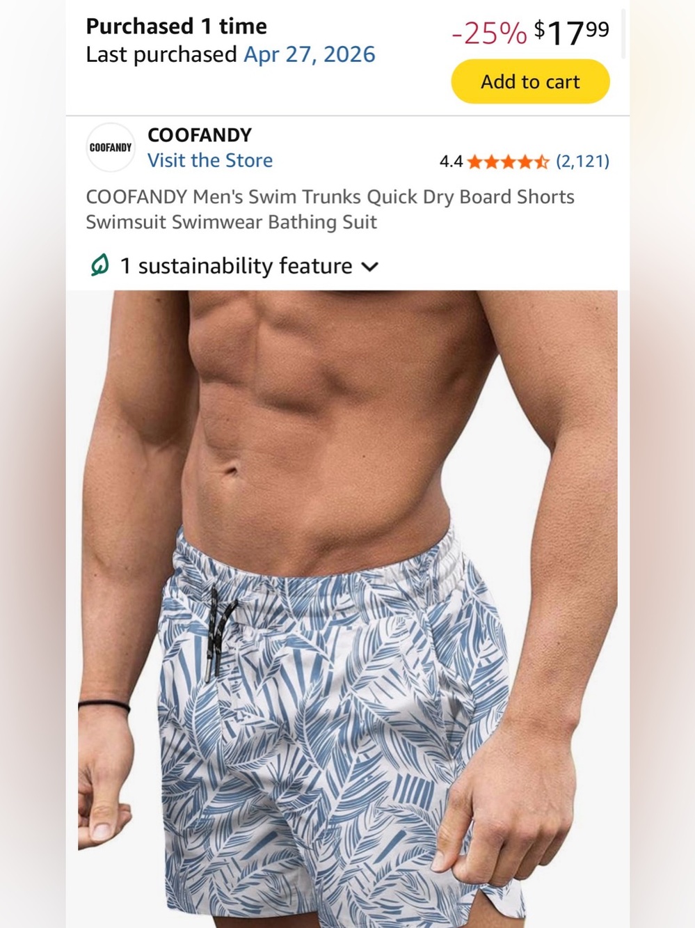 COOFANDY Men’s Light Blue Palm-Print Swim Board Shorts